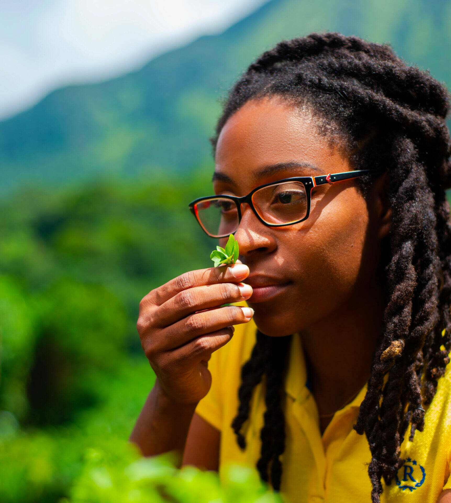 Portrait de Gladys sentant une herbe aromatique dans un champ au morne-vert