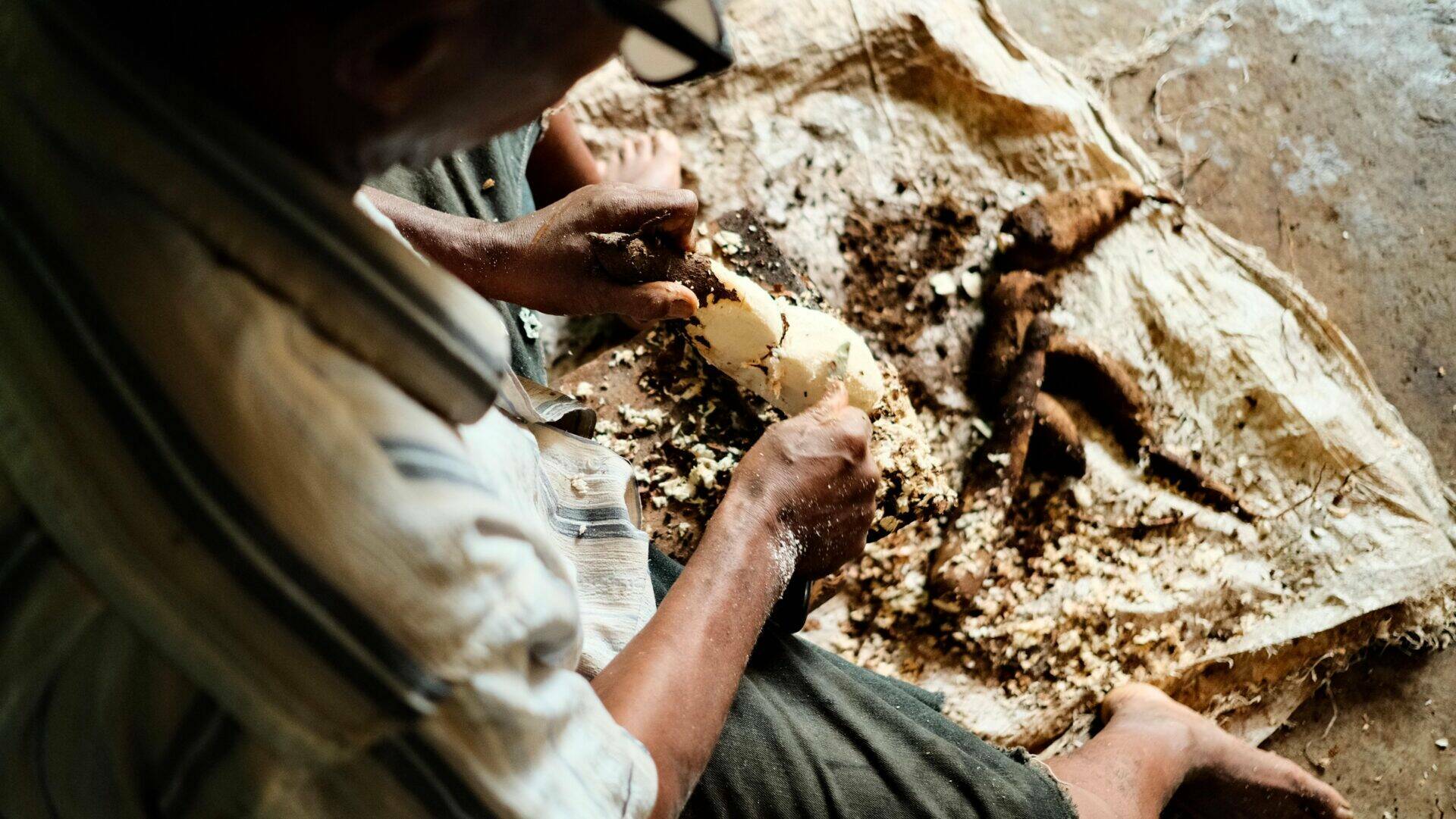 Jean-Charles épluche du manioc